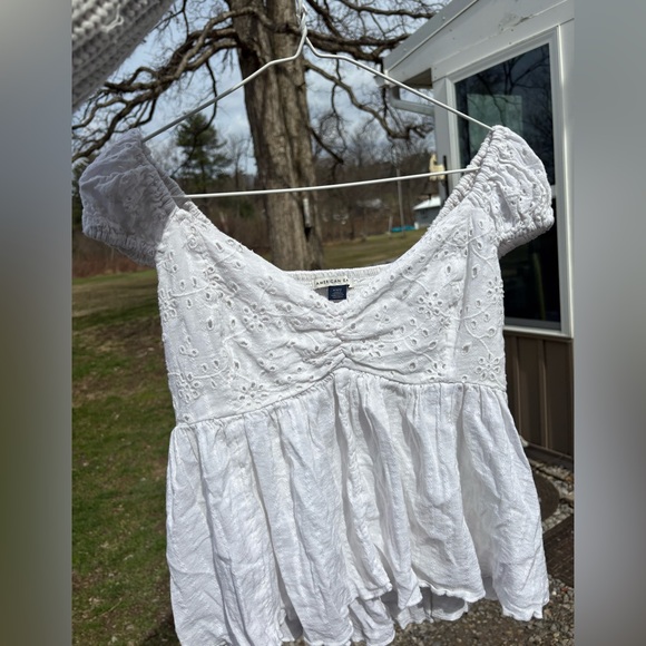 American Eagle Outfitters White Eyelet Off-Shoulder Peplum Top - Picture 2 of 5